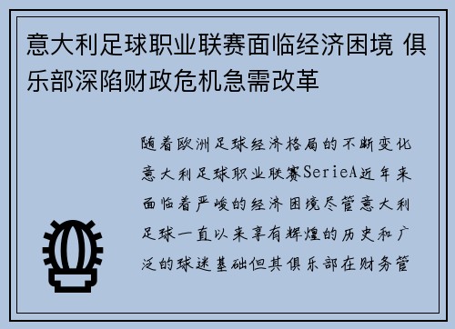 意大利足球职业联赛面临经济困境 俱乐部深陷财政危机急需改革