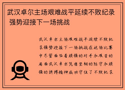 武汉卓尔主场艰难战平延续不败纪录 强势迎接下一场挑战