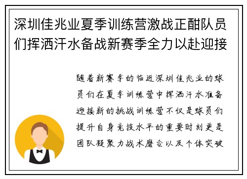 深圳佳兆业夏季训练营激战正酣队员们挥洒汗水备战新赛季全力以赴迎接挑战