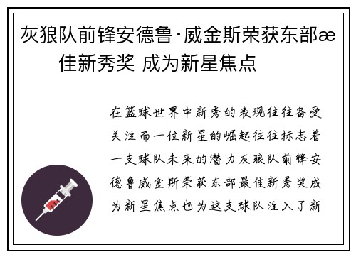 灰狼队前锋安德鲁·威金斯荣获东部最佳新秀奖 成为新星焦点