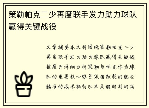 策勒帕克二少再度联手发力助力球队赢得关键战役
