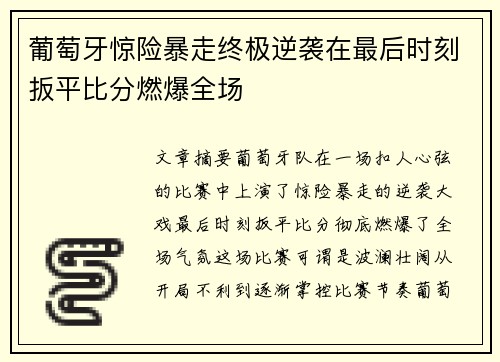 葡萄牙惊险暴走终极逆袭在最后时刻扳平比分燃爆全场