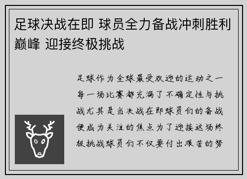 足球决战在即 球员全力备战冲刺胜利巅峰 迎接终极挑战