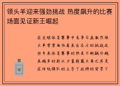 领头羊迎来强劲挑战 热度飙升的比赛场面见证新王崛起