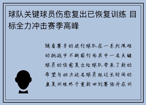 球队关键球员伤愈复出已恢复训练 目标全力冲击赛季高峰